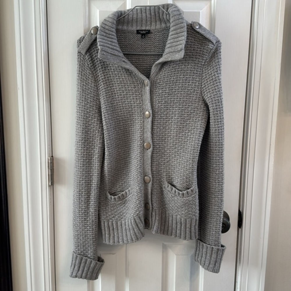 Talbots Gray chunky wool blend button up collared cardigan w pockets Sz S